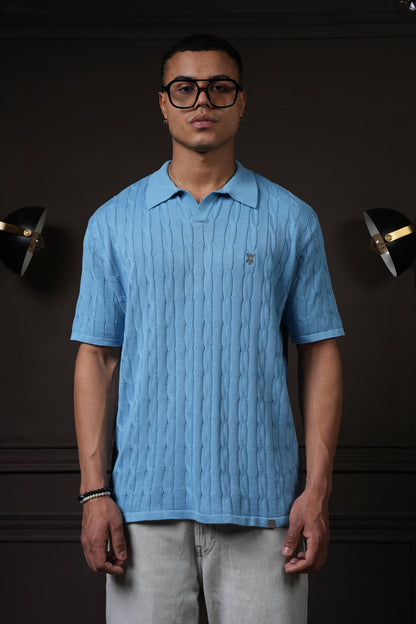 Pristine Cable Knit Polo -  Cornflower Blue