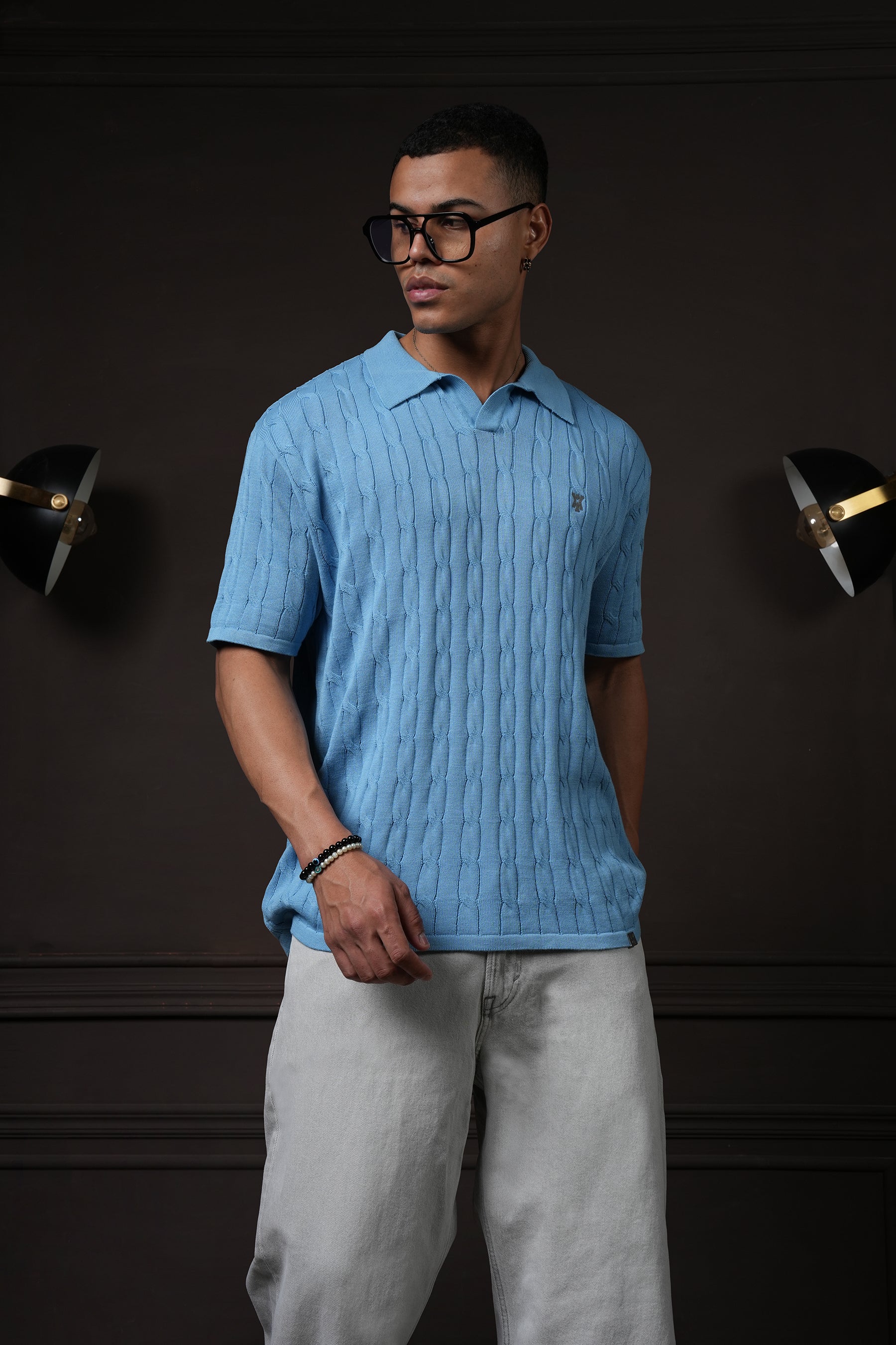Pristine Cable Knit Polo -  Cornflower Blue