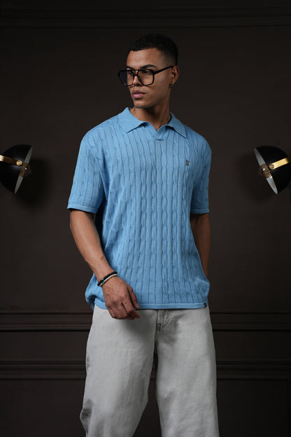 Pristine Cable Knit Polo -  Cornflower Blue